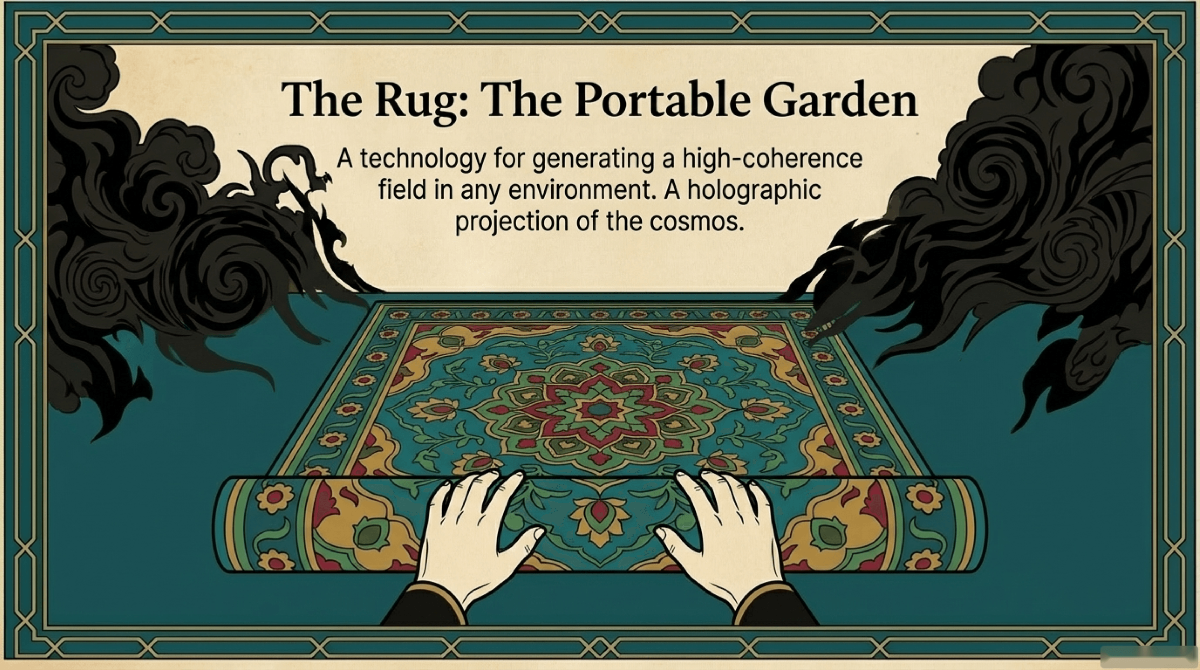 تصویر مفهومی قالی ایرانی با نقوش هندسی و نمادهای فرهنگی پیچیده